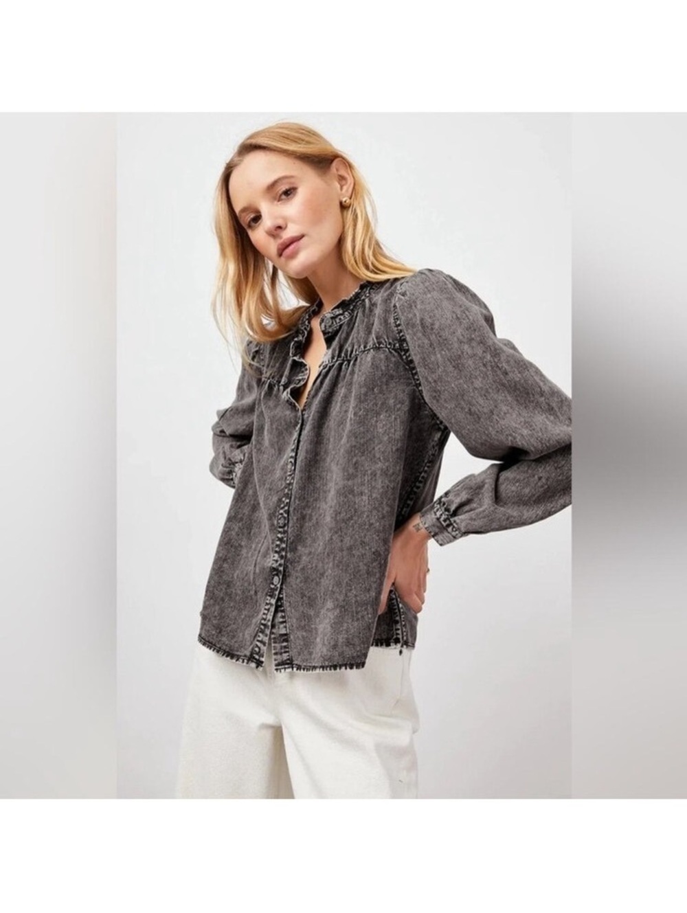 Rails Camille Button Down Denim Chambray Puff Sleeve Black Acid Wash M